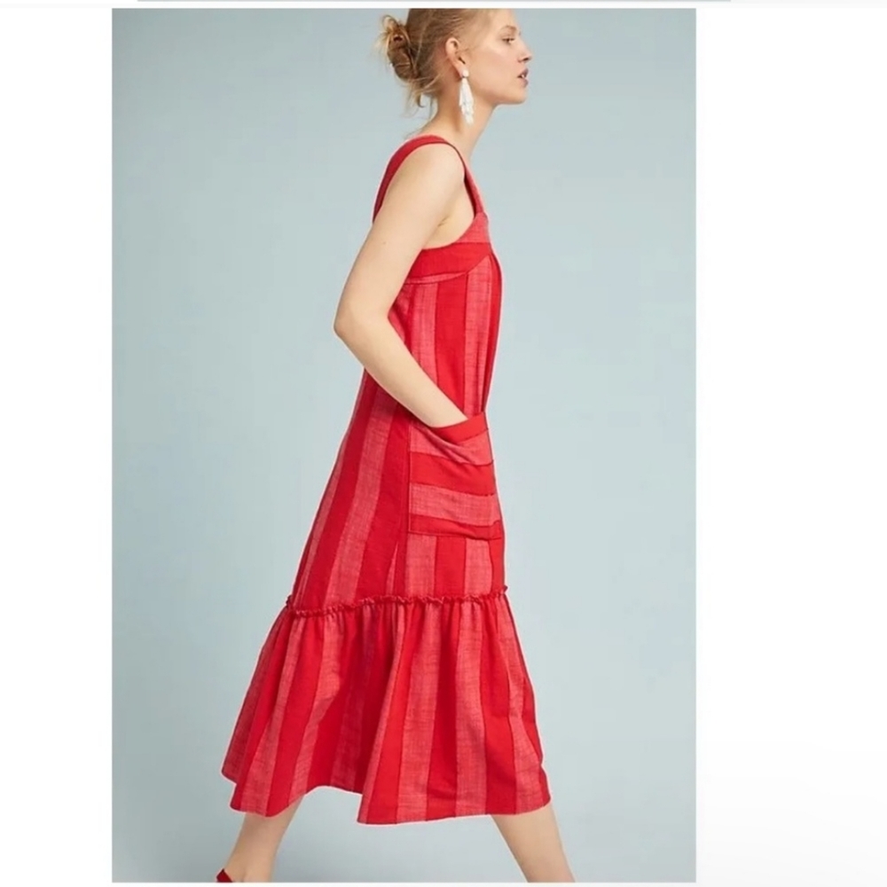 Anthropologie Maeve Red Stripe Tonal Tank Square Neck Midi Dress Patch Pockets - Picture 2 of 16